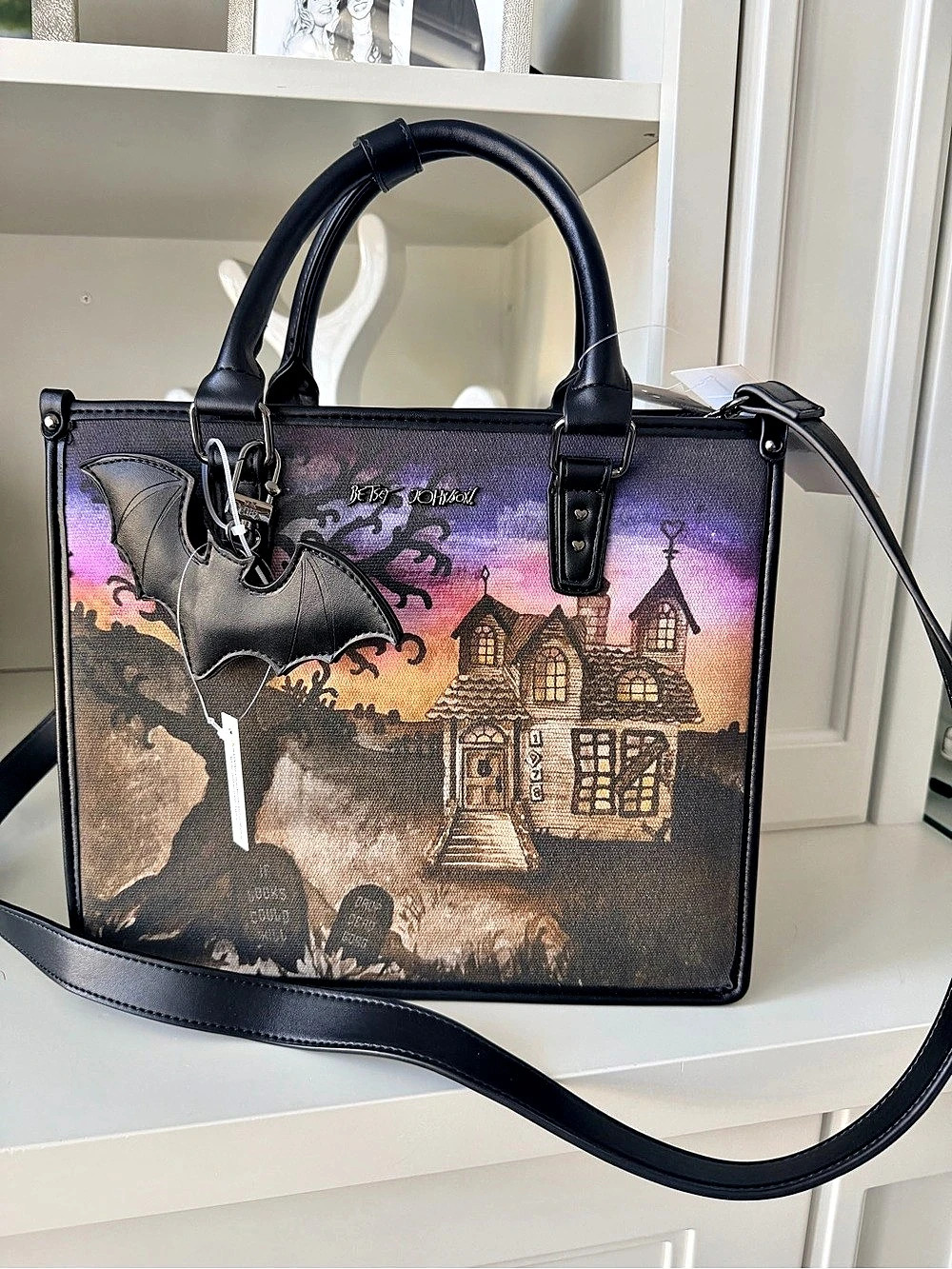 BETSEY JOHNSON Halloween Boo & Breakfast Haunted House Purse Black Purple NWT